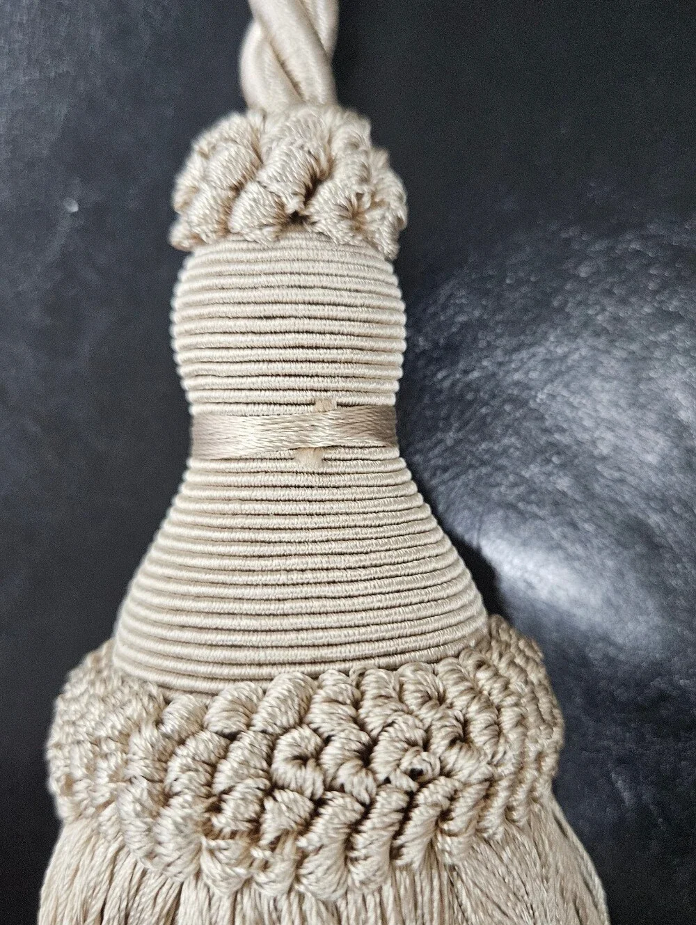 French Tassel Tiebacks PASSEMENTERIE Drape Curtain Braided Rope Tan Satin Sheen4
